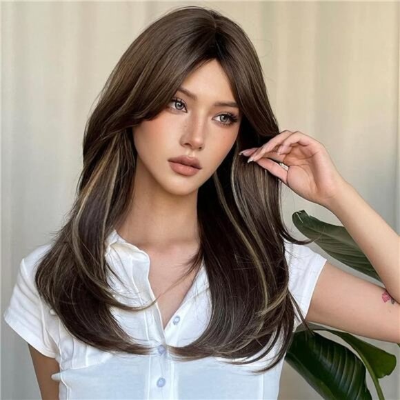 Wigs for Women Layered Synthetic Hair Wig with Highlight - Brown with highlights main image 5